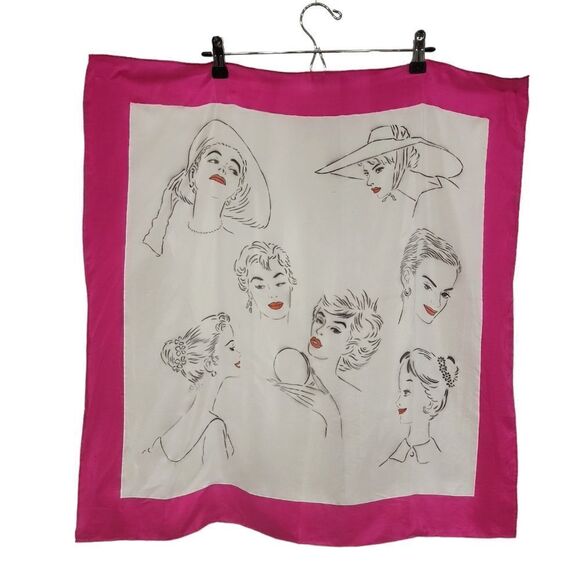 Vintage Glamour Girl Sketch Print Square Sqarf Pink Border - Picture 1 of 16